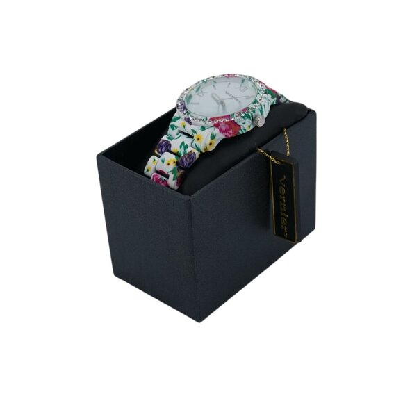 Vernier Floral Ladies Wristwatch White Band Flowers Rhinestones with Box - Picture 3 of 6